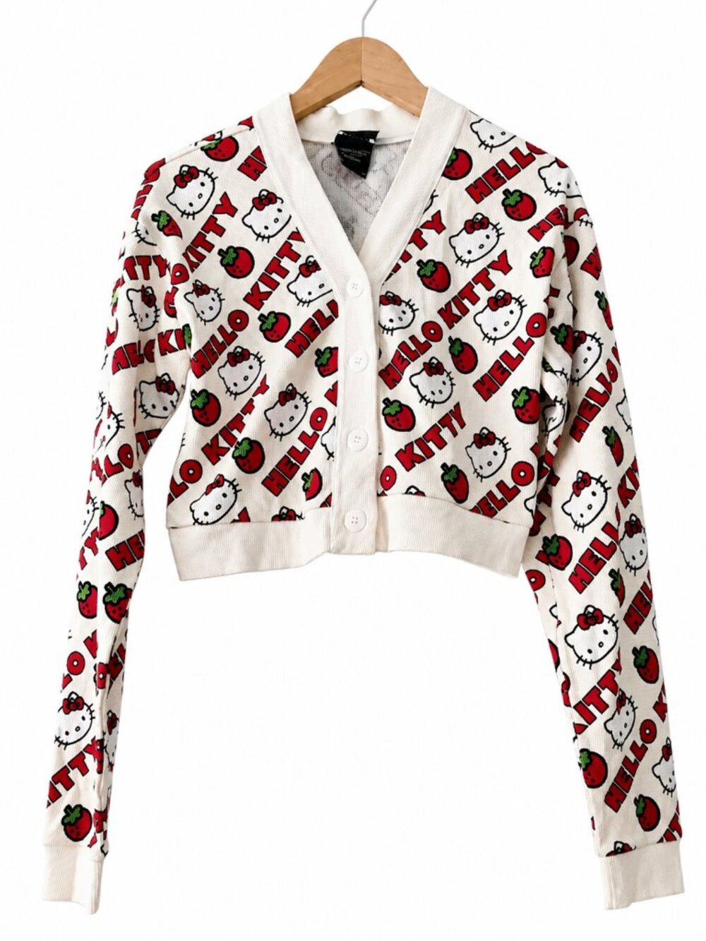 Dumbgood x Hello Kitty Strawberry Y2K Cropped Knit Cardigan Cream Red XS